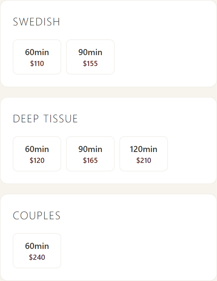 Hapto booking page on a phone: Swedish 60 min $110, 90 min $155; Deep Tissue 60 min $120, 90 min $165, 120 min $210; Couples 60 min $240.