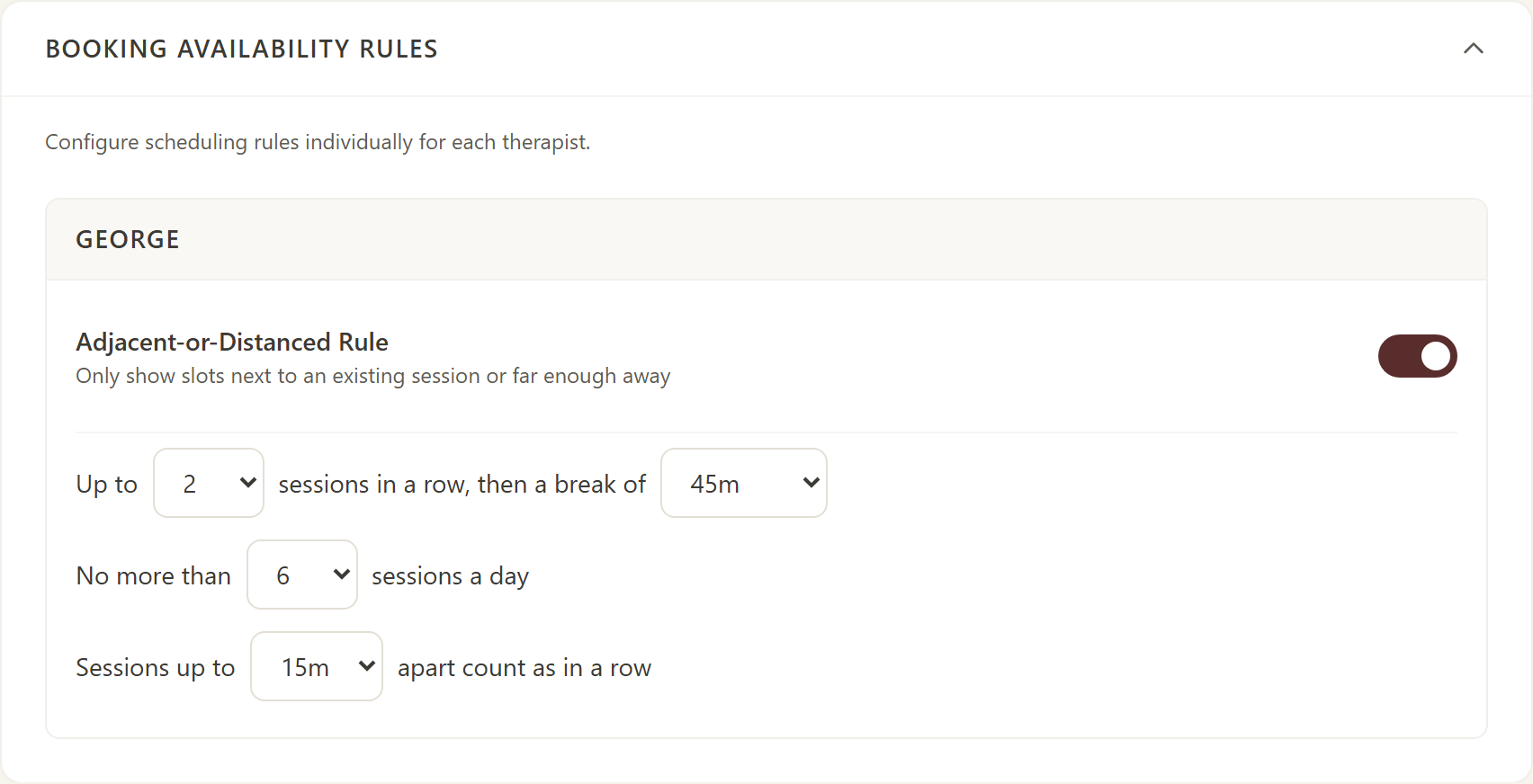 Hapto settings: Adjacent-or-Distanced rule switched on; up to 2 sessions in a row, then a break of 45 minutes; no more than 6 sessions a day.